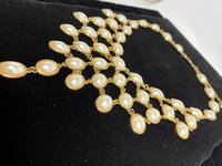 Vintage - Elegant draped neckline oval faux pearl cabochons in gold tone necklace