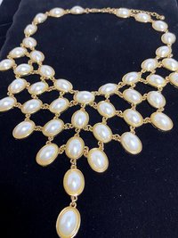 Vintage - Elegant draped neckline oval faux pearl cabochons in gold tone necklace