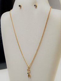 Vintage Lugano gold double plated chain with small key pendant and blue stud earrings set