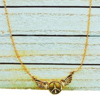 Gold Toned Wings Peace Sign Necklace