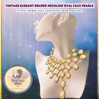 Vintage - Elegant draped neckline oval faux pearl cabochons in gold tone necklace