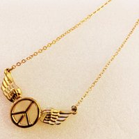 Gold Toned Wings Peace Sign Necklace