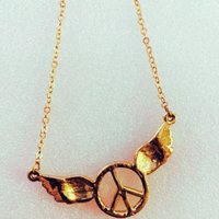 Gold Toned Wings Peace Sign Necklace