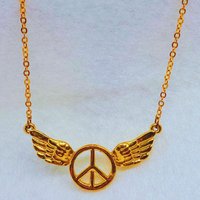 Gold Toned Wings Peace Sign Necklace
