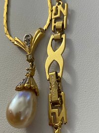 Vintage - Faux Pearl tear drop vermilled gold tone necklace and pierced earring set