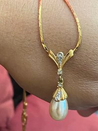 Vintage - Faux Pearl tear drop vermilled gold tone necklace and pierced earring set