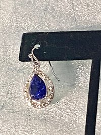 Vintage blue teardrop crystal halo NRT signed pendant on a silver chain with matching dangle earrings.