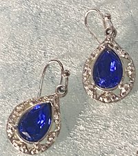 Vintage blue teardrop crystal halo NRT signed pendant on a silver chain with matching dangle earrings.