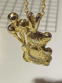 Extremely cute May green birth stone teddy bear holding crystal balloons gold tone pendant with necklace