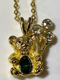 Extremely cute May green birth stone teddy bear holding crystal balloons gold tone pendant with necklace