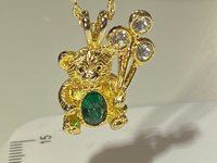 Extremely cute May green birth stone teddy bear holding crystal balloons gold tone pendant with necklace