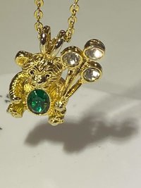 Extremely cute May green birth stone teddy bear holding crystal balloons gold tone pendant with necklace