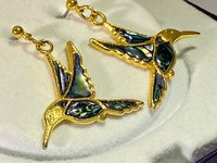Gold and blue enameled Butler signed Fifth Avenue Collection Hummingbirds dangling earrings