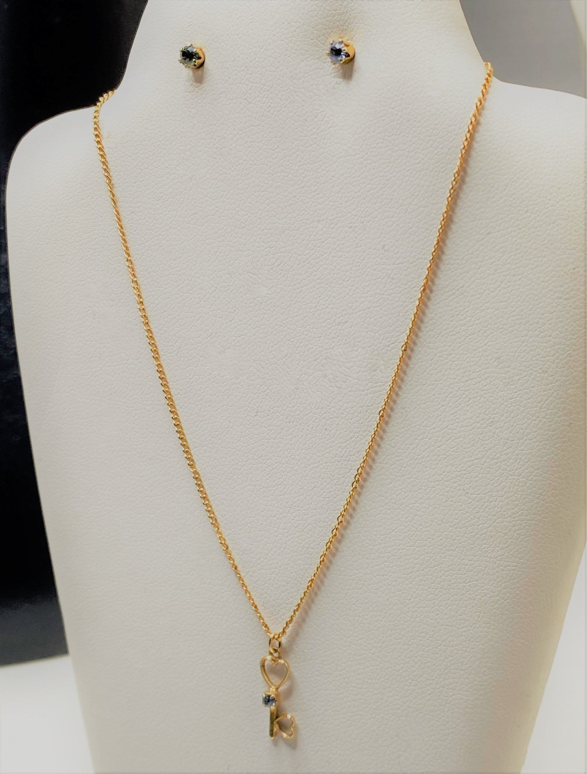 Vintage Lugano gold double plated chain with small key pendant and blue stud earrings set