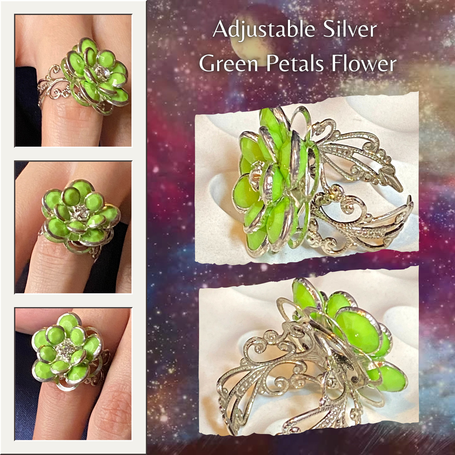 Adjustable Silver Green Petals Flower