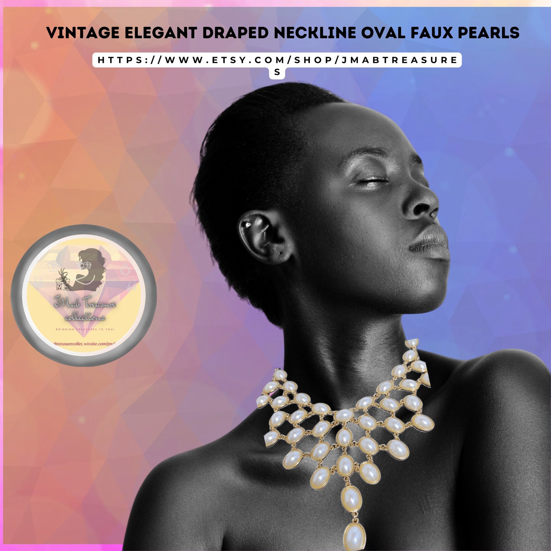 Vintage - Elegant draped neckline oval faux pearl cabochons in gold tone necklace