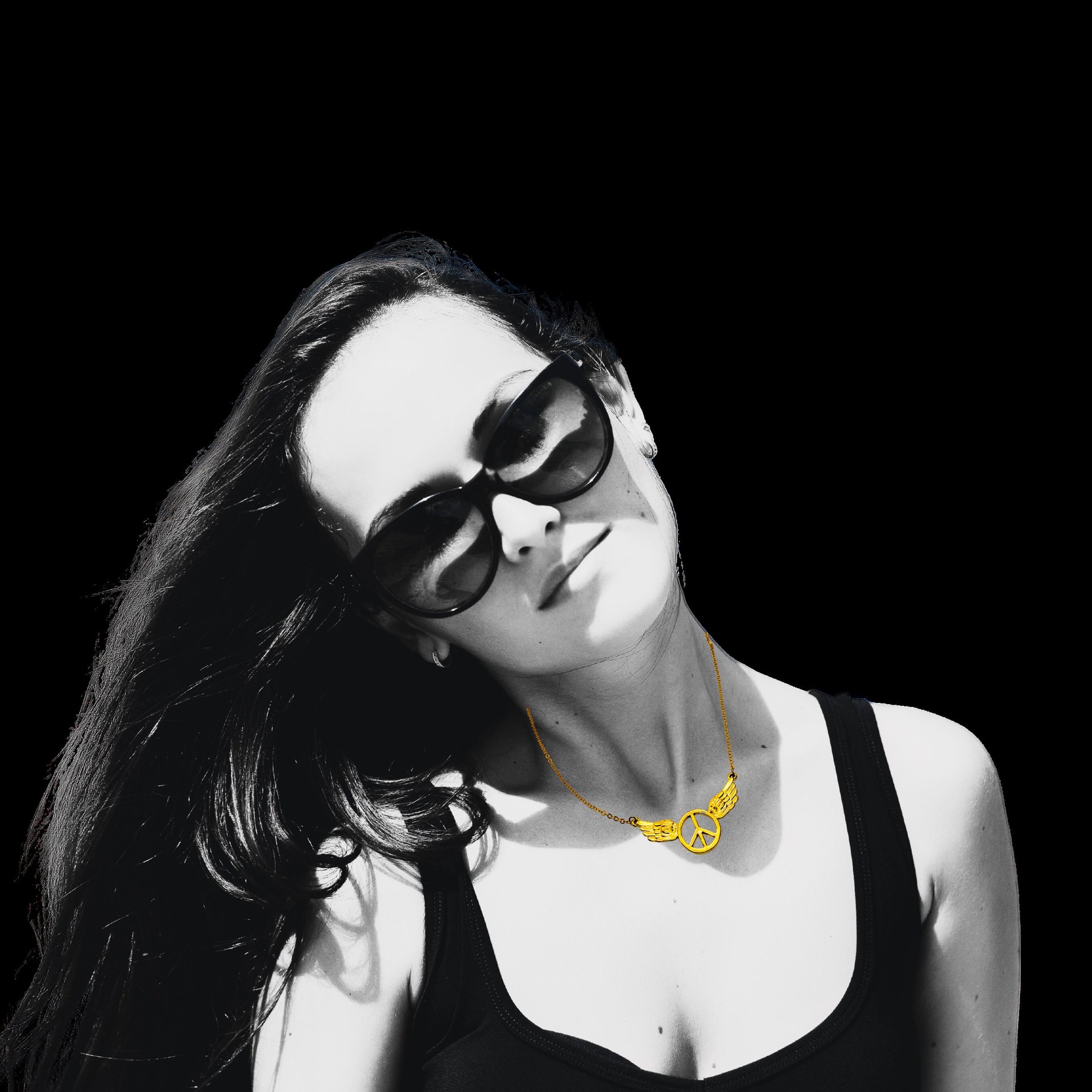 Gold Toned Wings Peace Sign Necklace