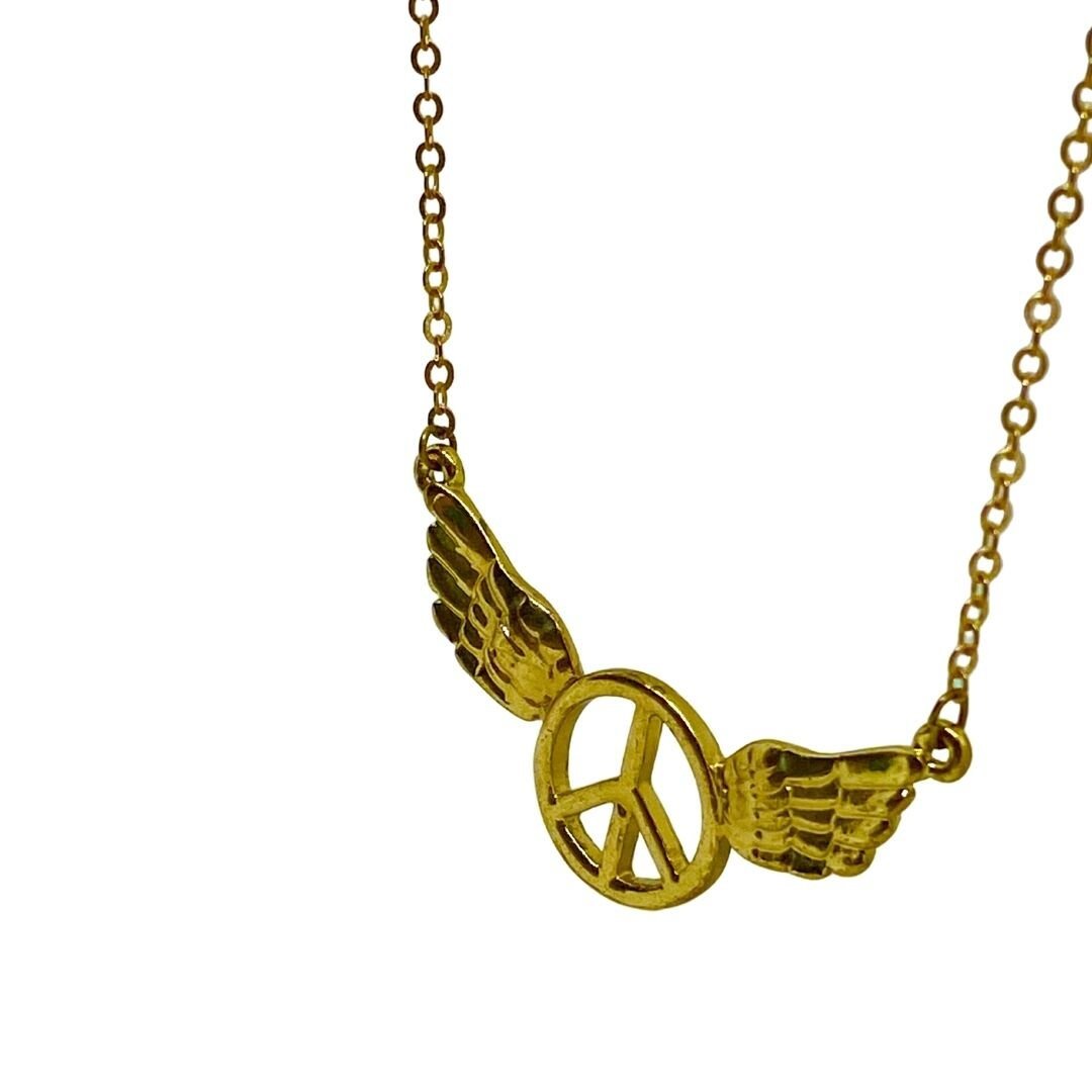 Gold Toned Wings Peace Sign Necklace
