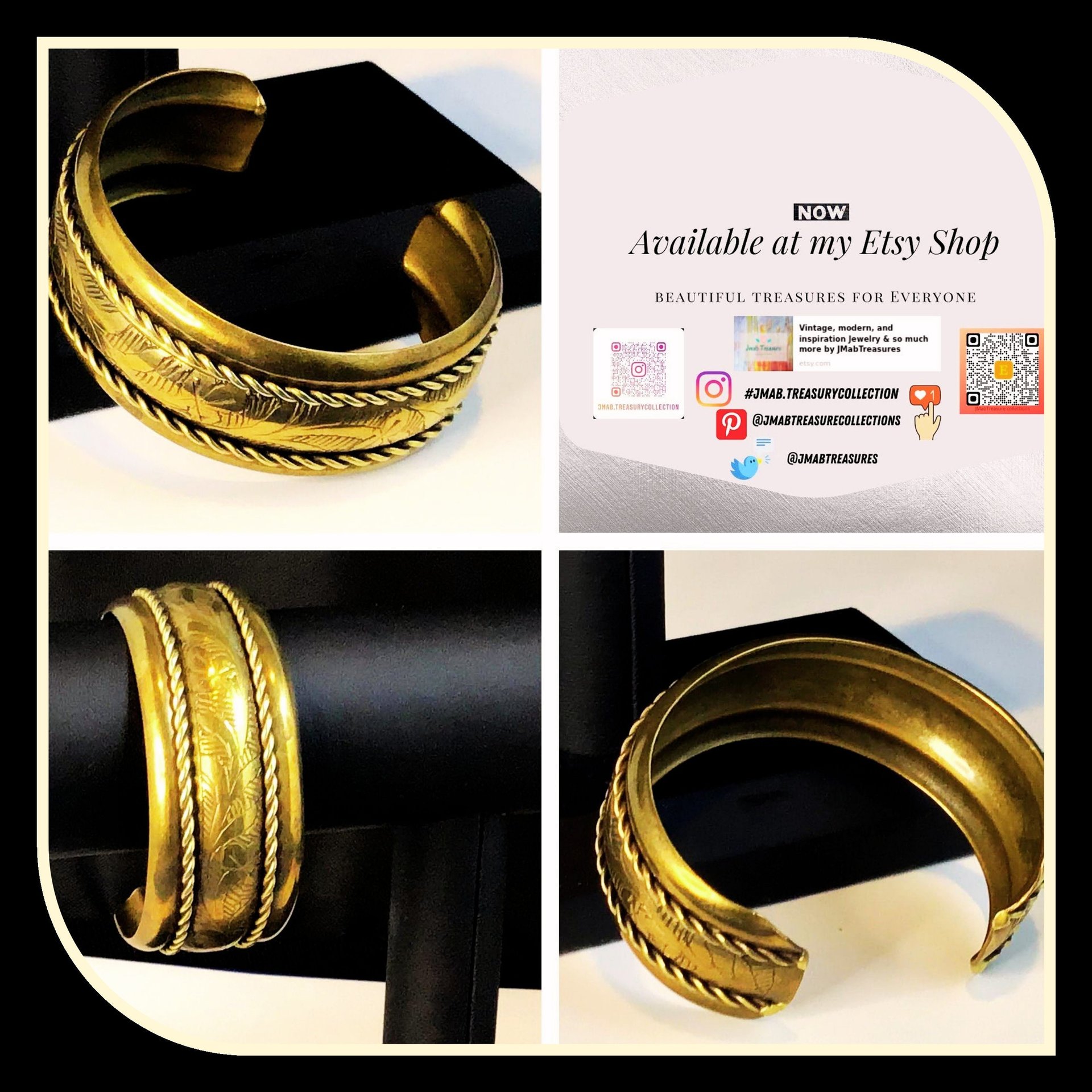 Lovely etched brass with rope chain accent bracelet cuff