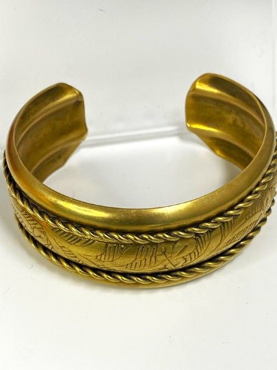 Lovely etched brass with rope chain accent bracelet cuff