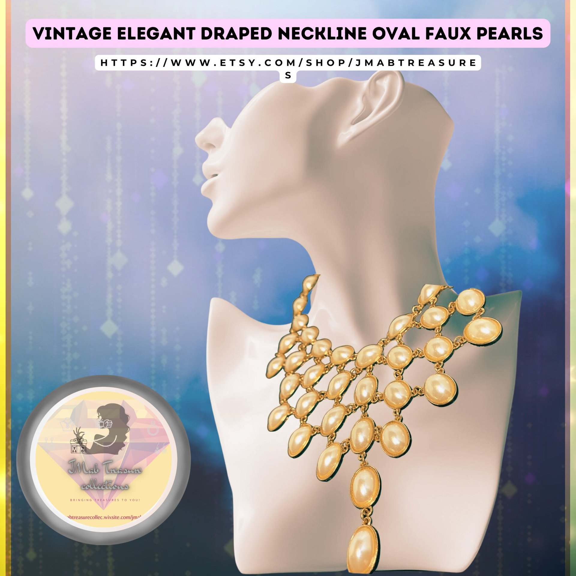 Vintage - Elegant draped neckline oval faux pearl cabochons in gold tone necklace
