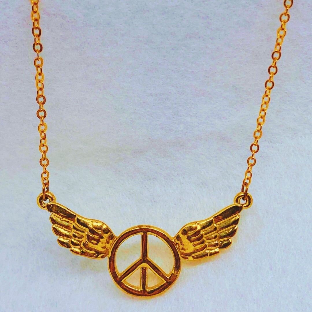Gold Toned Wings Peace Sign Necklace
