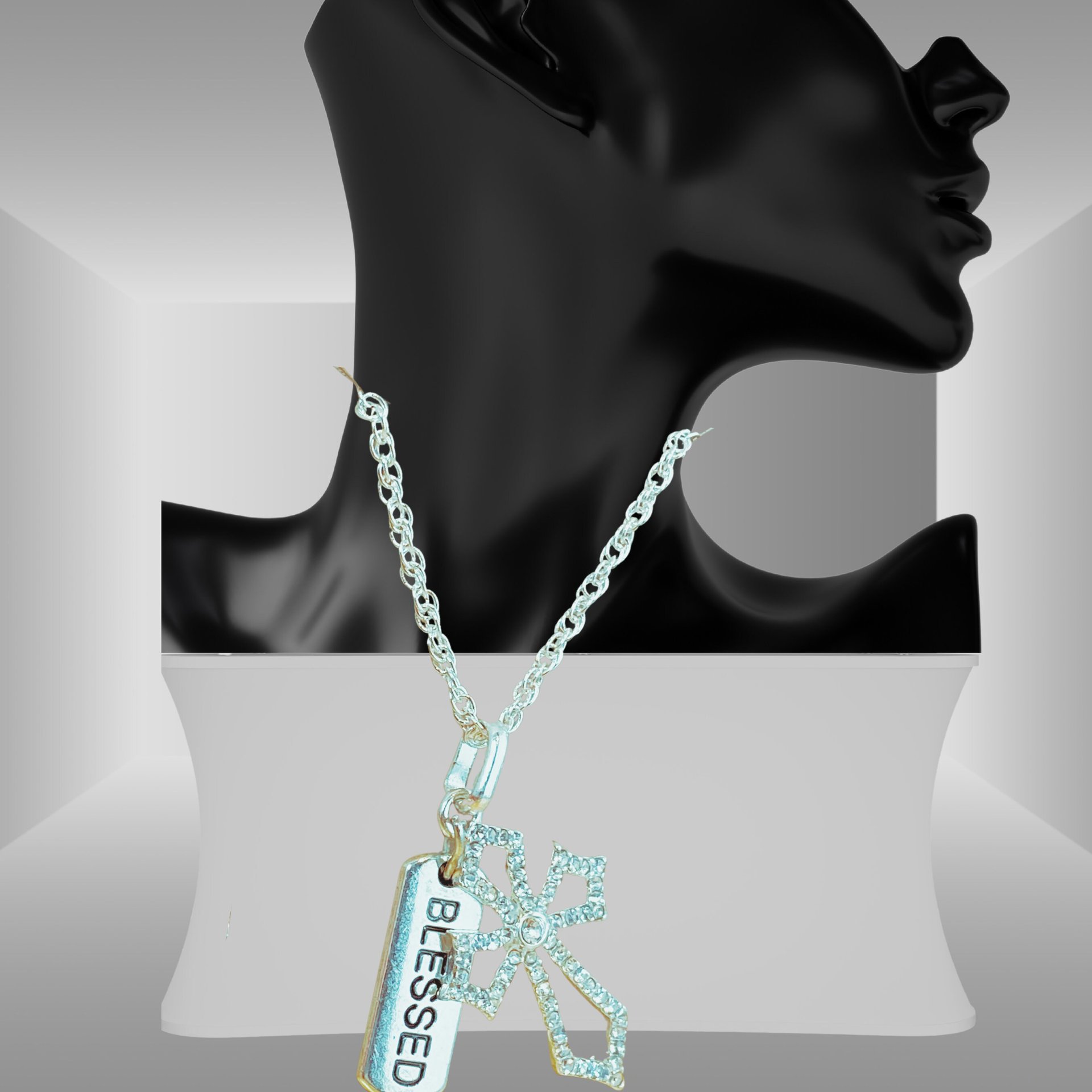 Inspiration message sparkly silver cross pendant with Silver chain