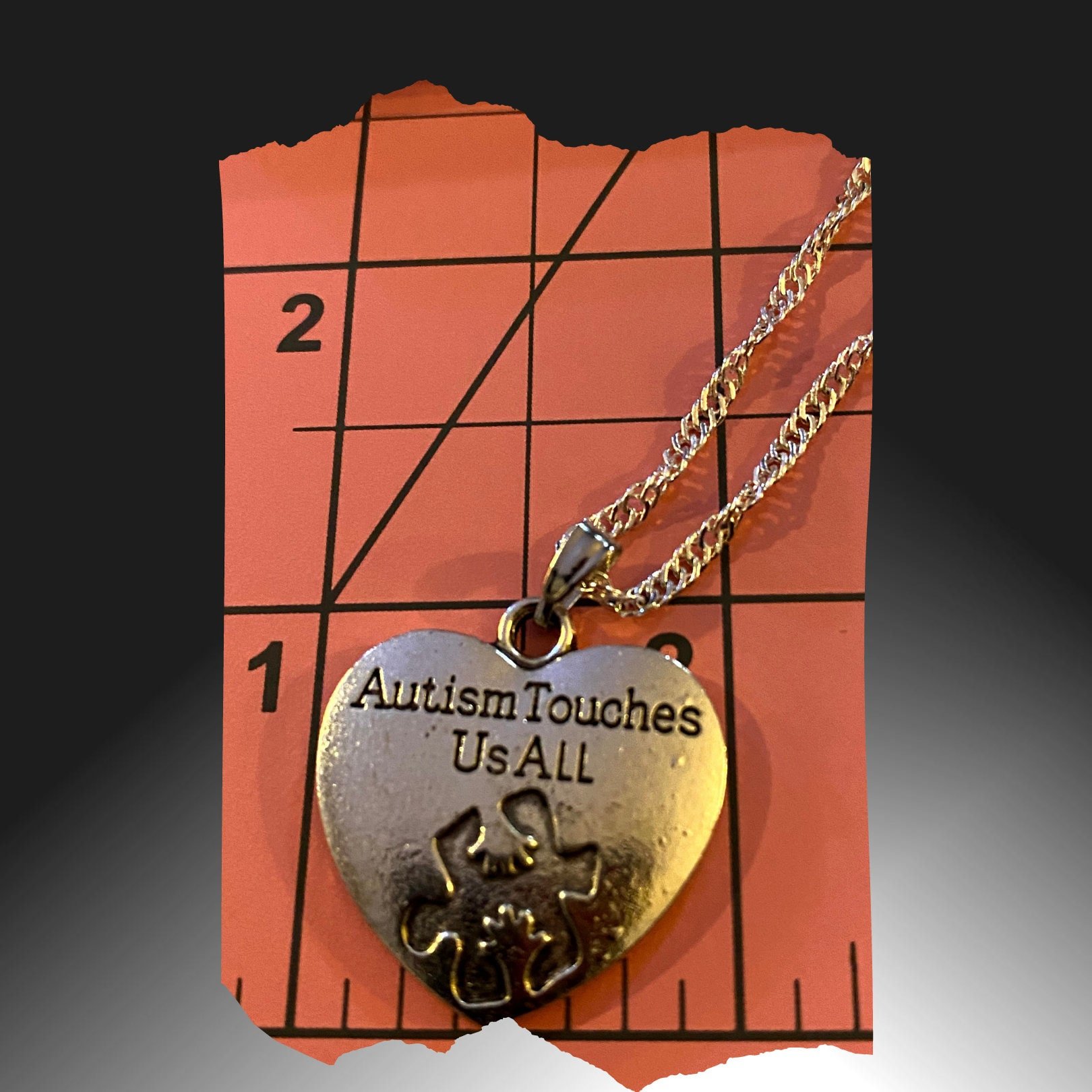 Silver necklace with Autism awareness message