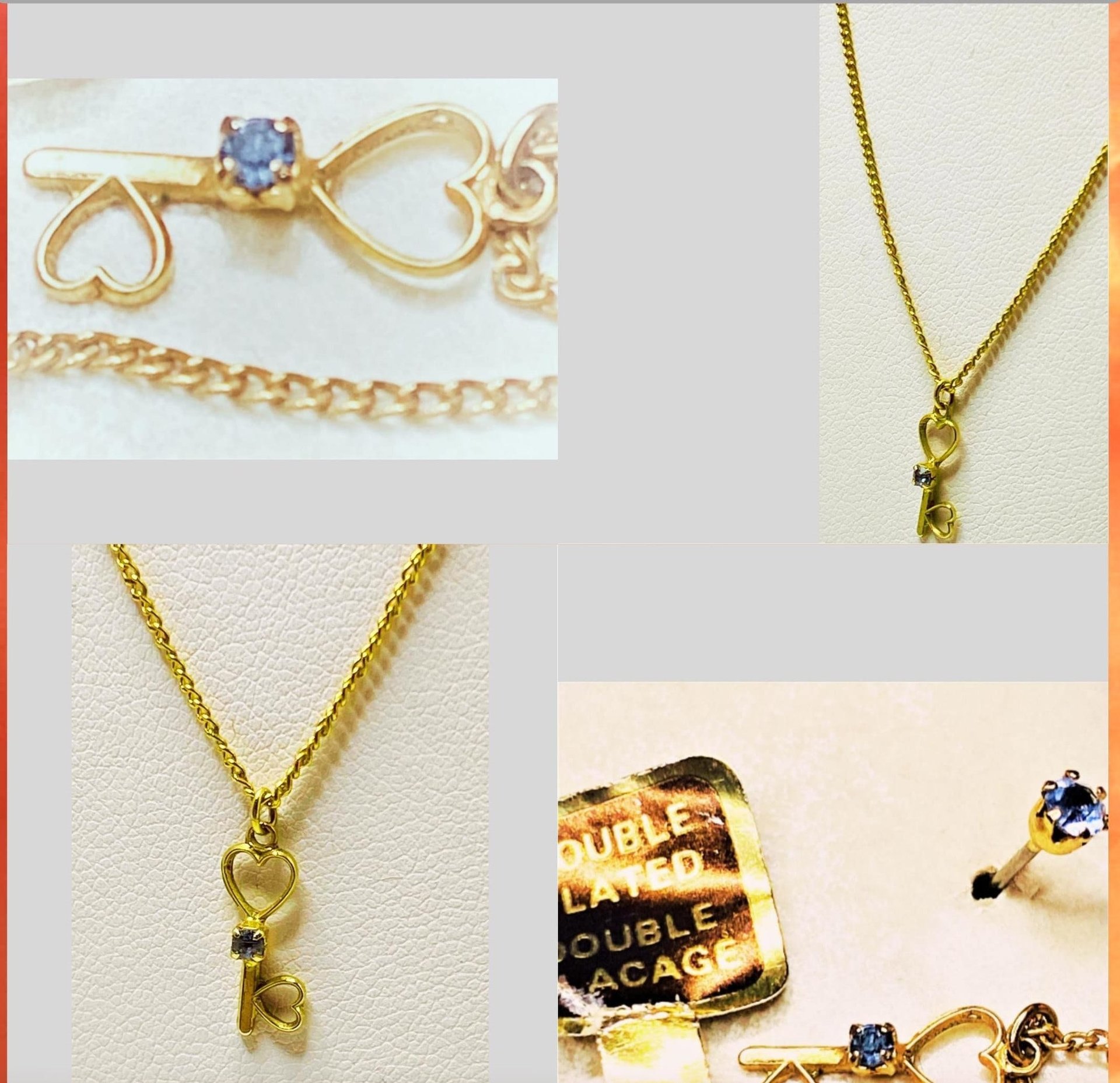 Vintage Lugano gold double plated chain with small key pendant and blue stud earrings set