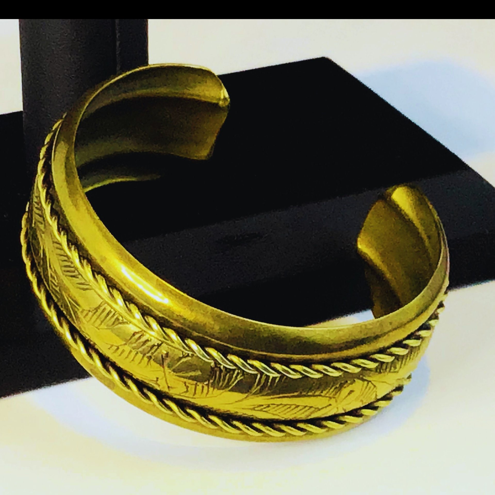 Lovely etched brass with rope chain accent bracelet cuff
