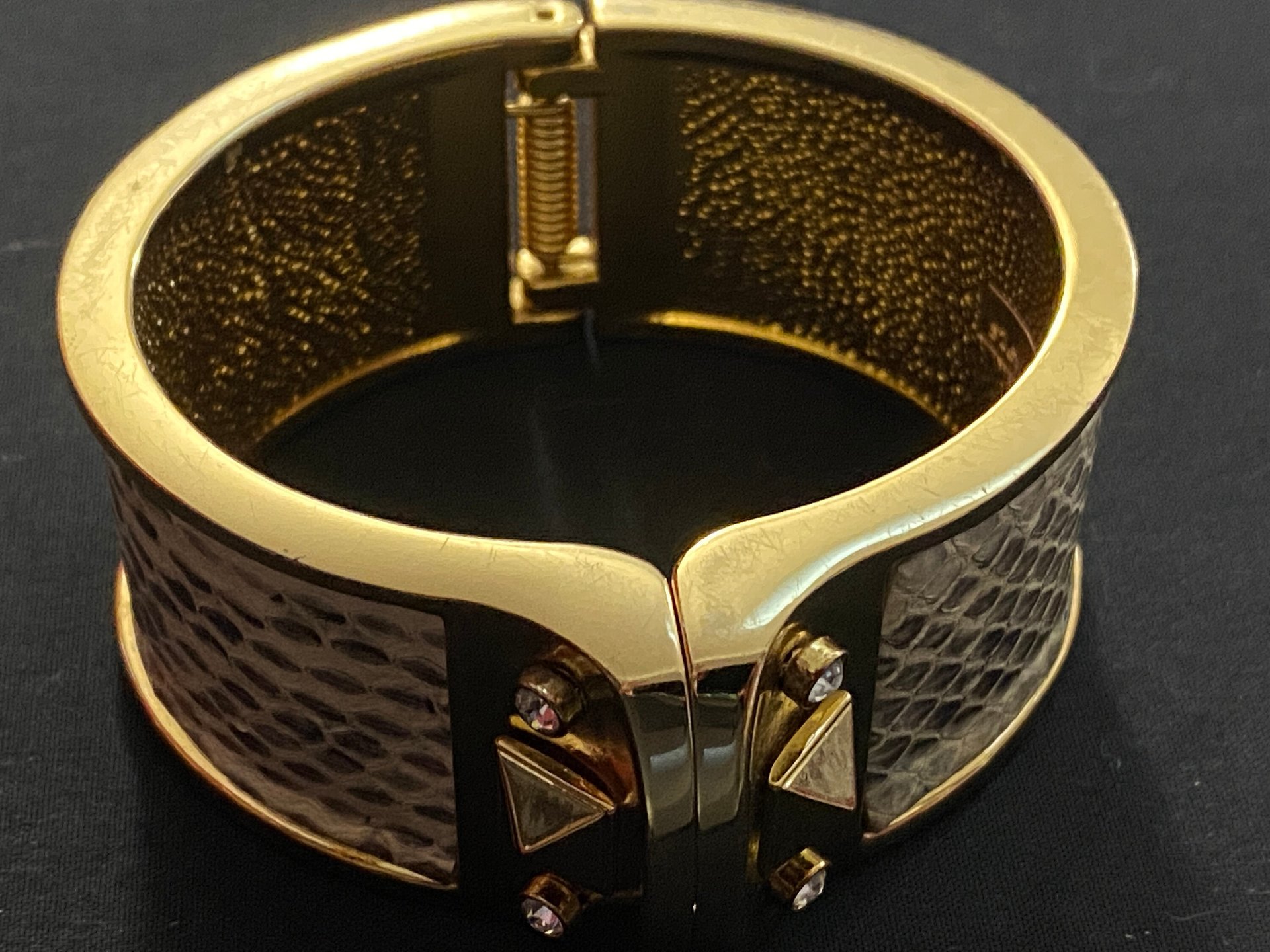 Stella & Dot Faux Snake Skin Wide Chunky Cuff/Bangle Bracelet With Rhinestone, Magnetic Clasp, and Stella and Dot Hallmarked