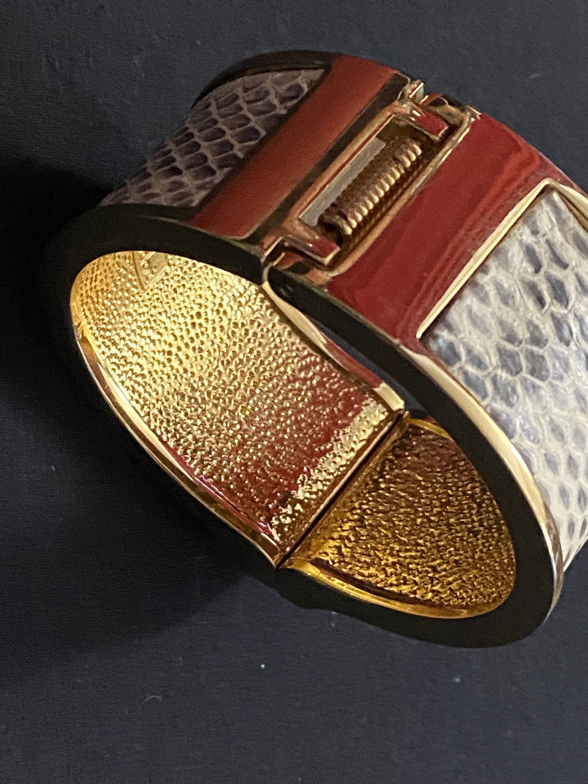 Stella & Dot Faux Snake Skin Wide Chunky Cuff/Bangle Bracelet With Rhinestone, Magnetic Clasp, and Stella and Dot Hallmarked