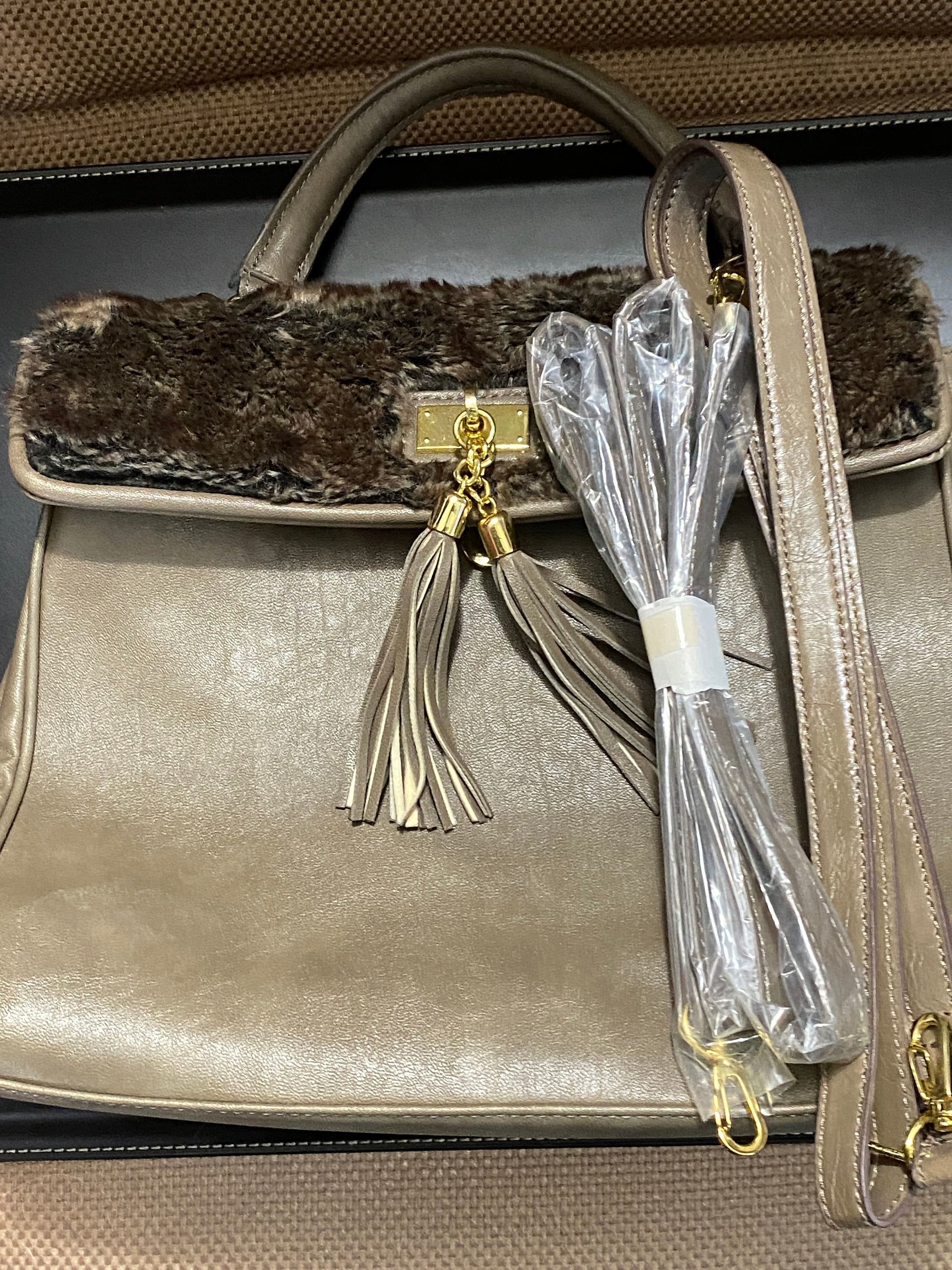 Aldo Taupe Spacious Handbag Purse with Faux Fur & Tassels