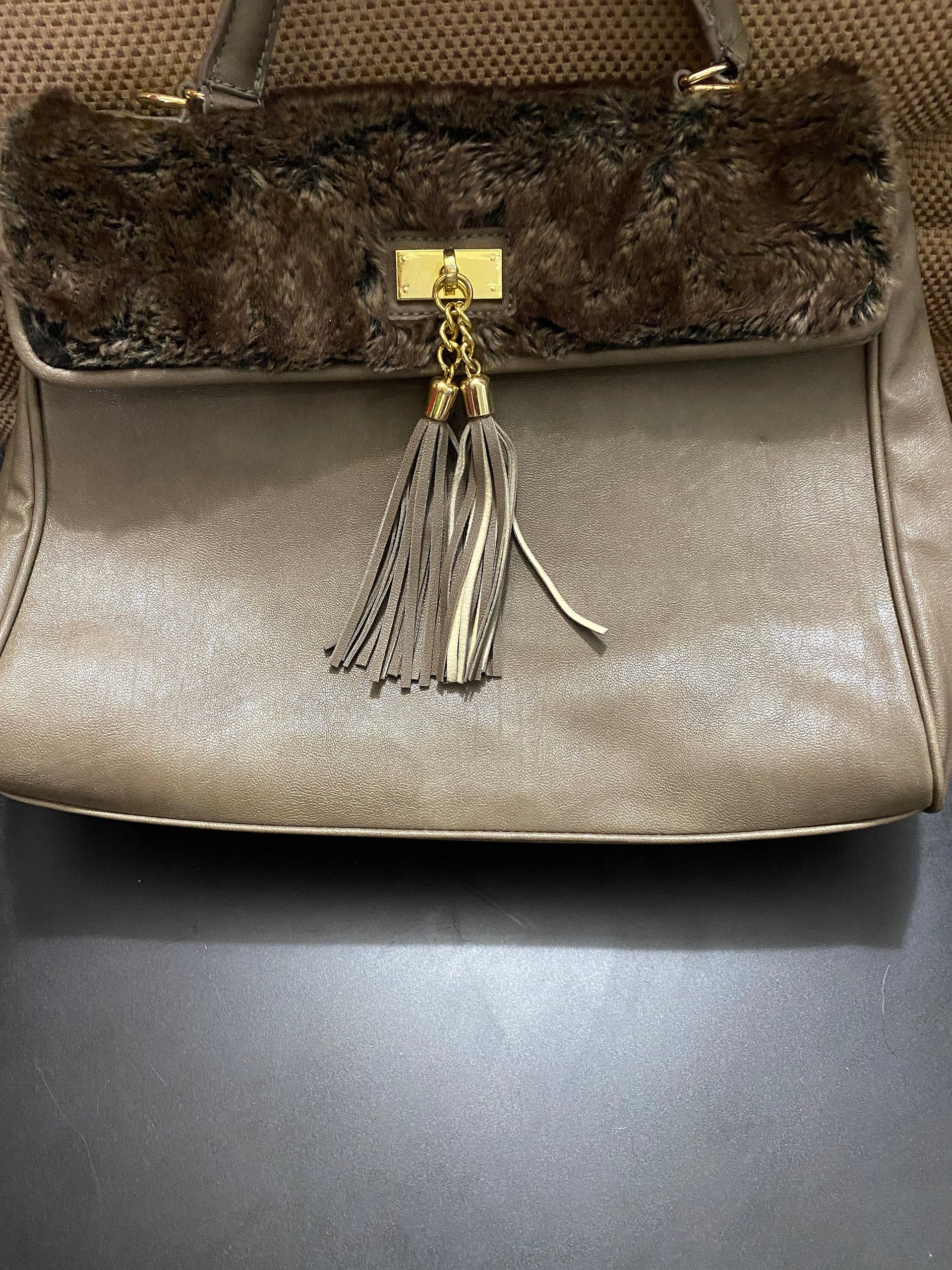 Aldo Taupe Spacious Handbag Purse with Faux Fur & Tassels