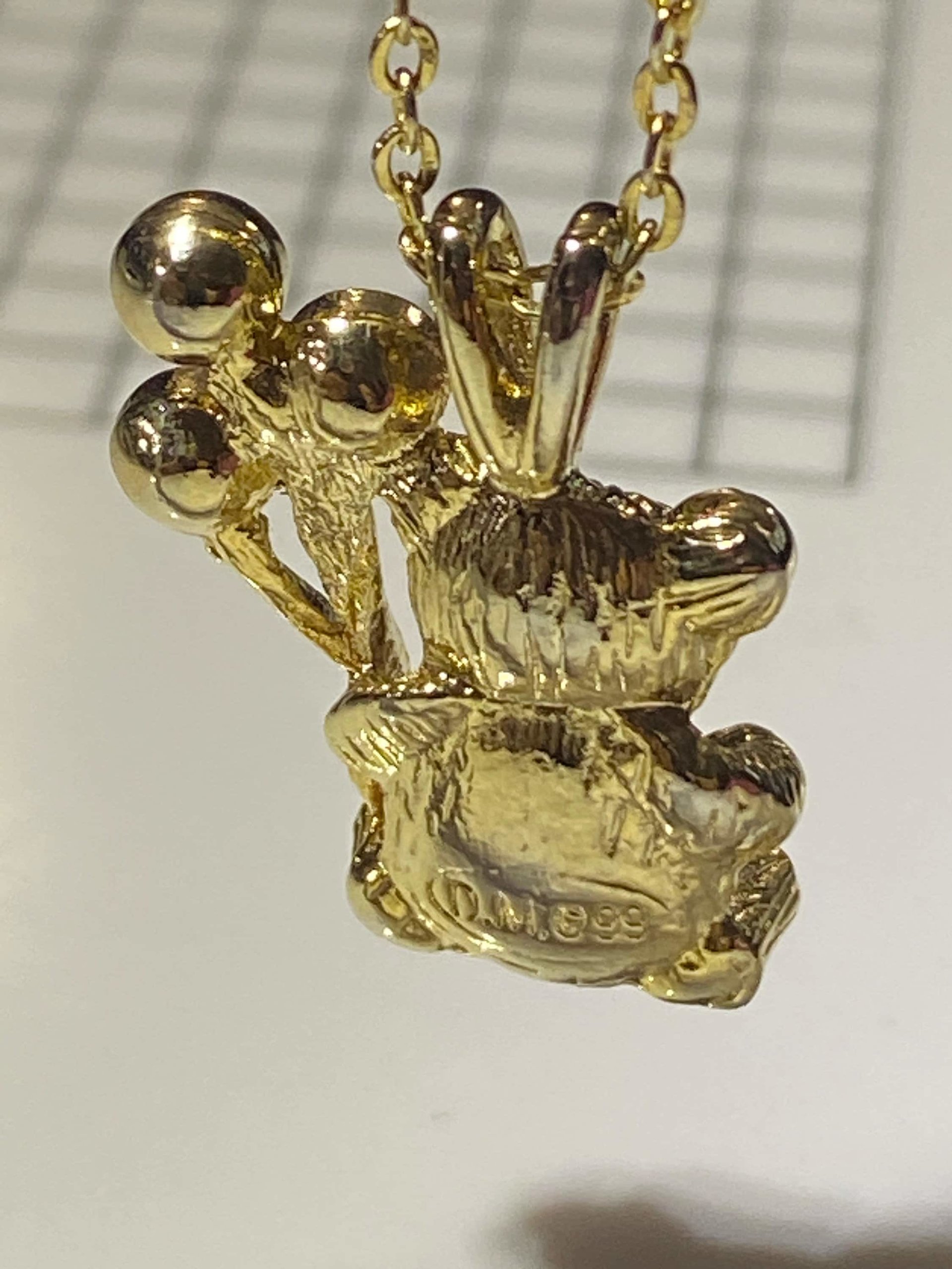 Extremely cute May green birth stone teddy bear holding crystal balloons gold tone pendant with necklace