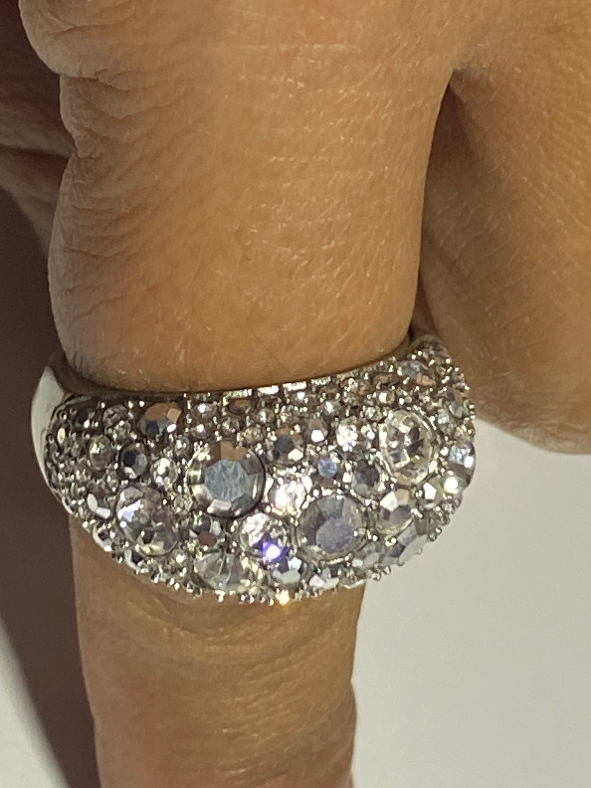 Silver tone Pave sparkly crystals Fossil band statement ring.