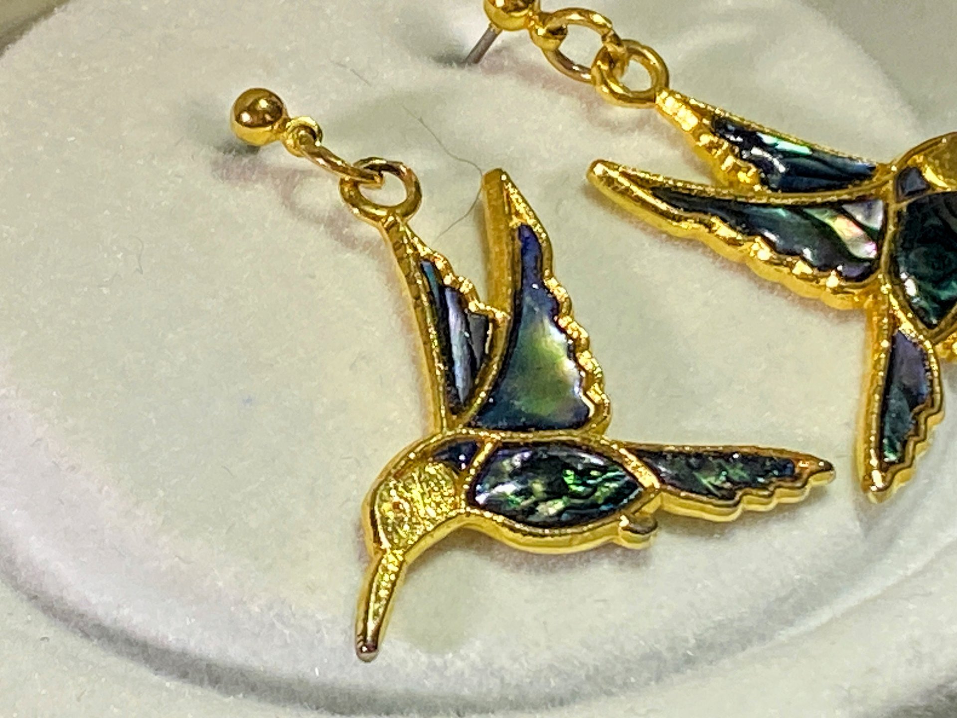 Gold and blue enameled Butler signed Fifth Avenue Collection Hummingbirds dangling earrings