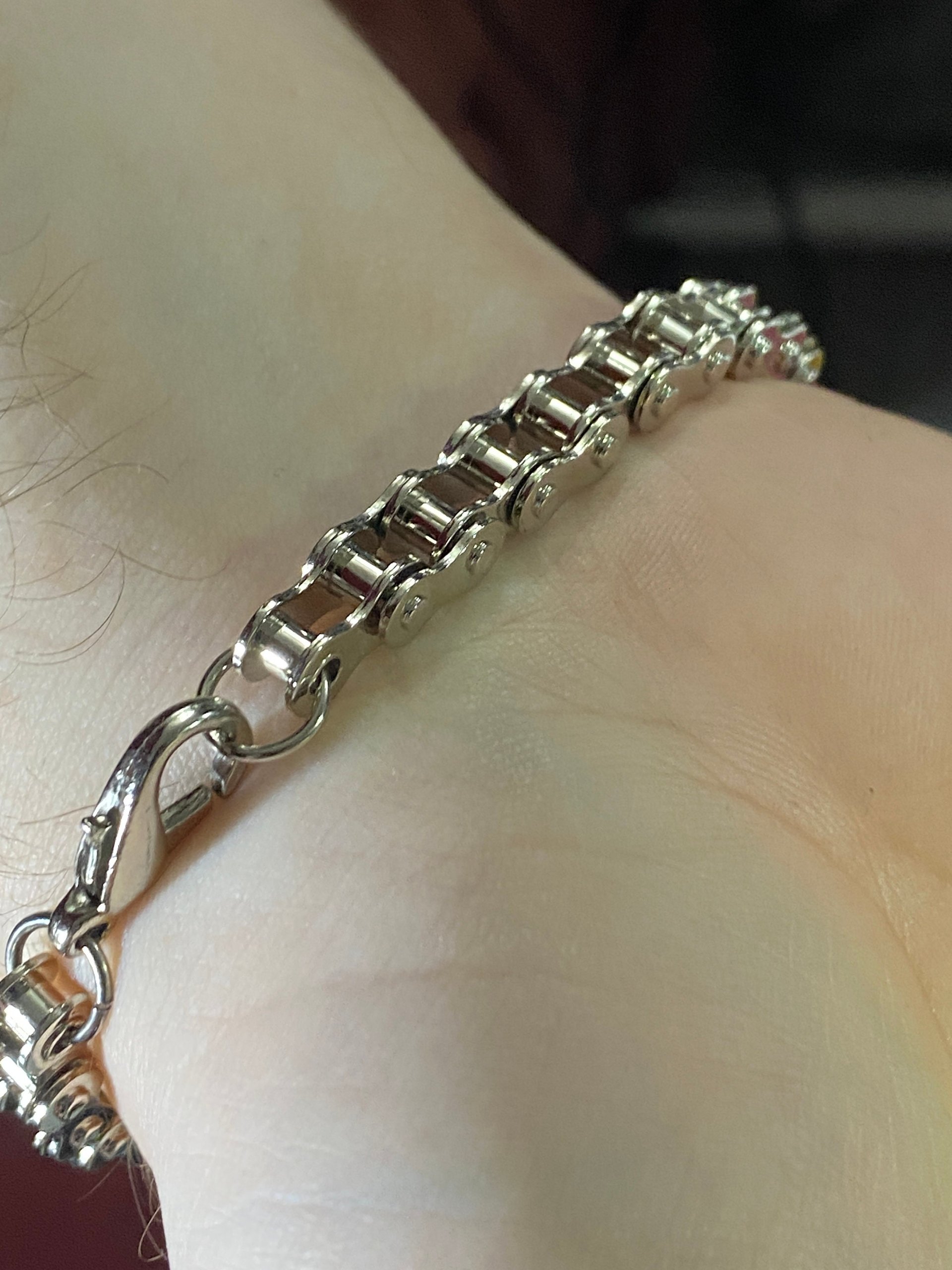 Silver tone stainless steel bike chain bracelet