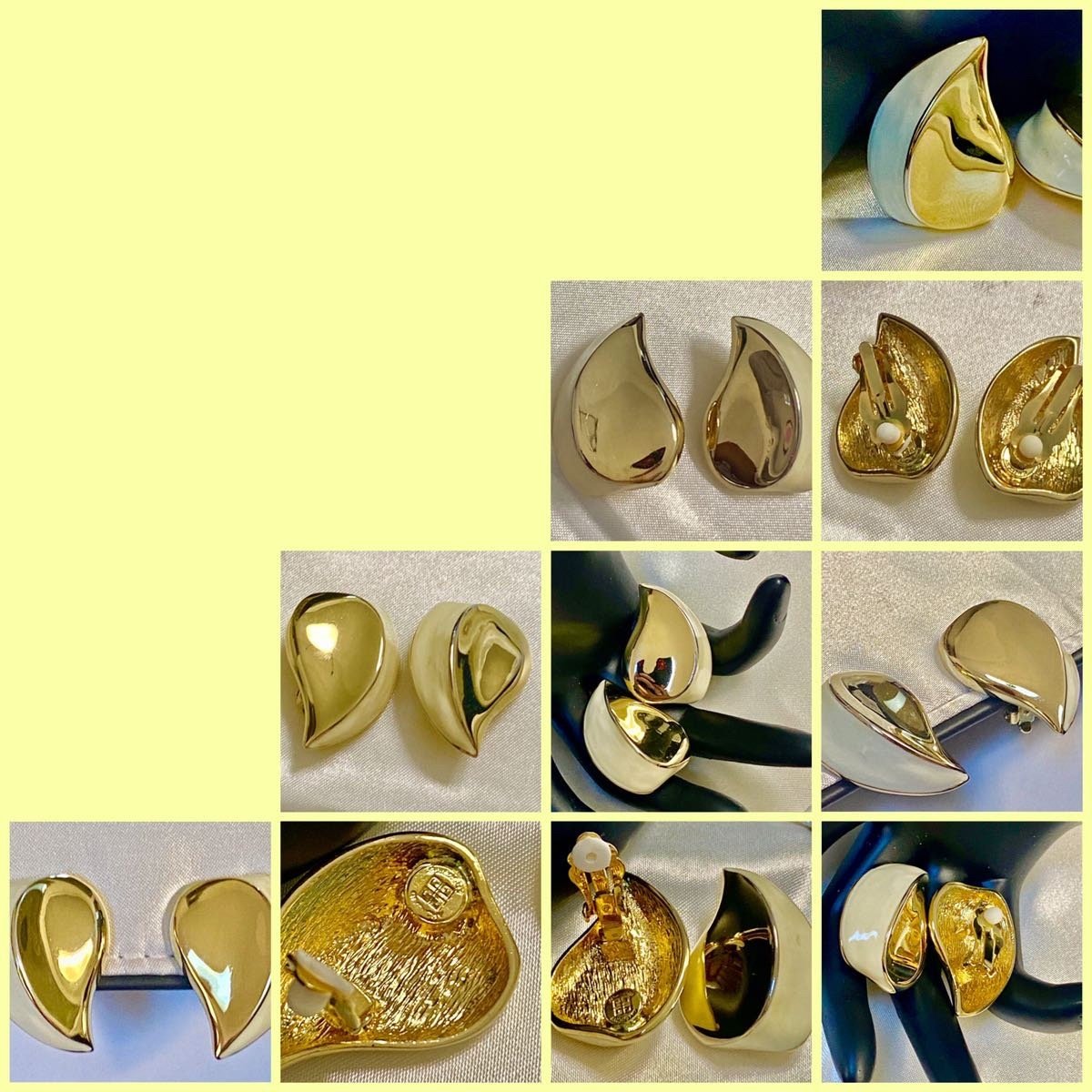 Vintage Gold and white enamel two tone Givenchy teardrop clip-on earrings