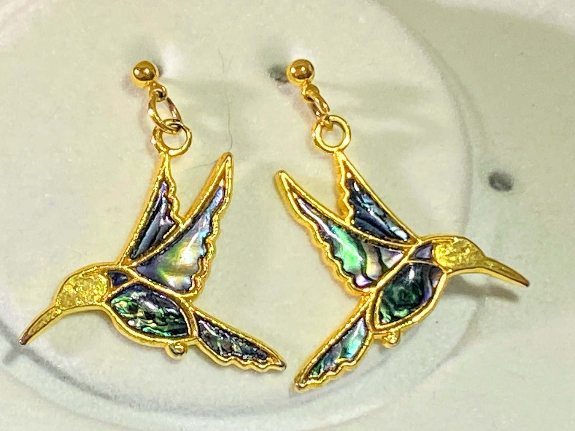 Gold and blue enameled Butler signed Fifth Avenue Collection Hummingbirds dangling earrings