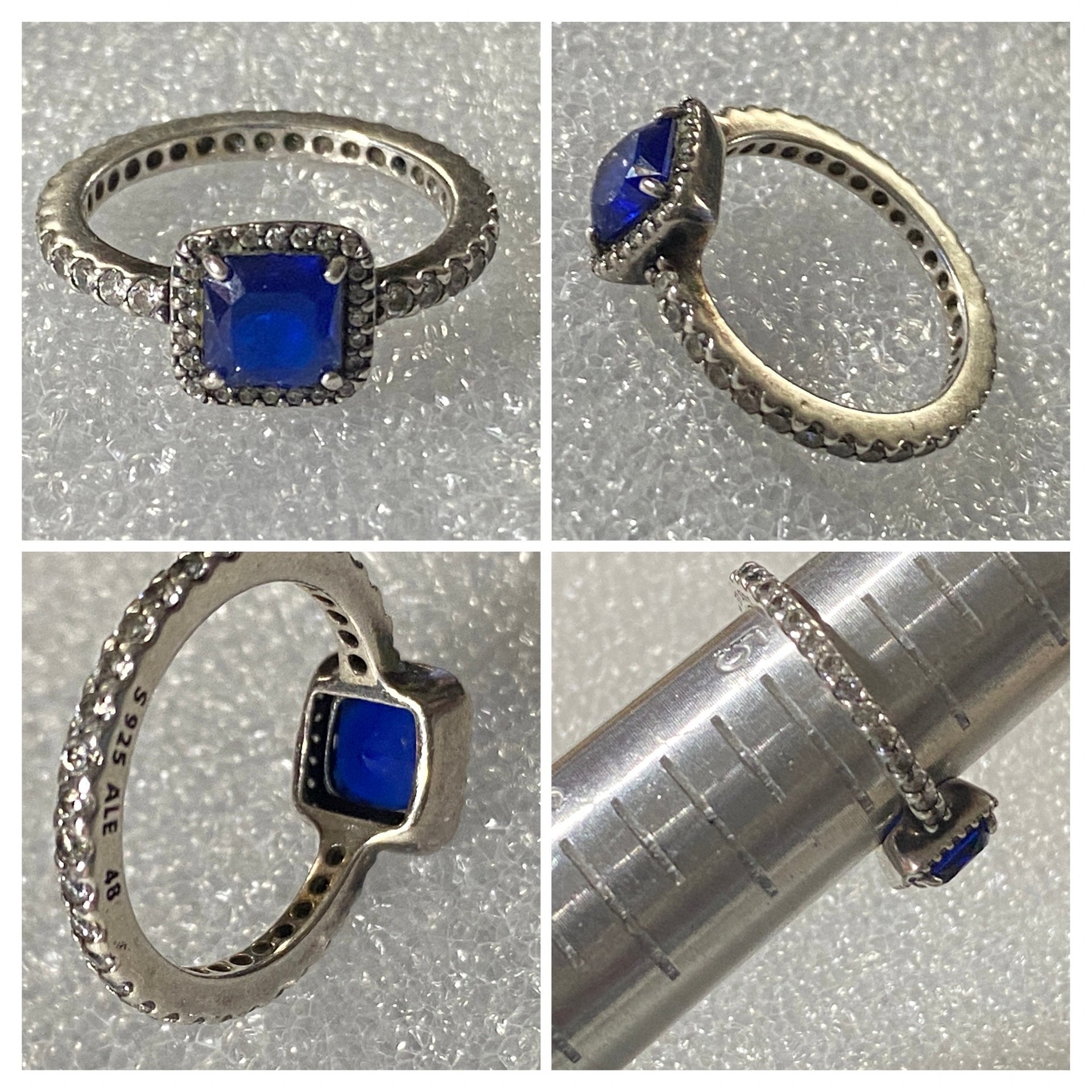 Authentic Pandora blue sapphire square clear zirconia halo ring