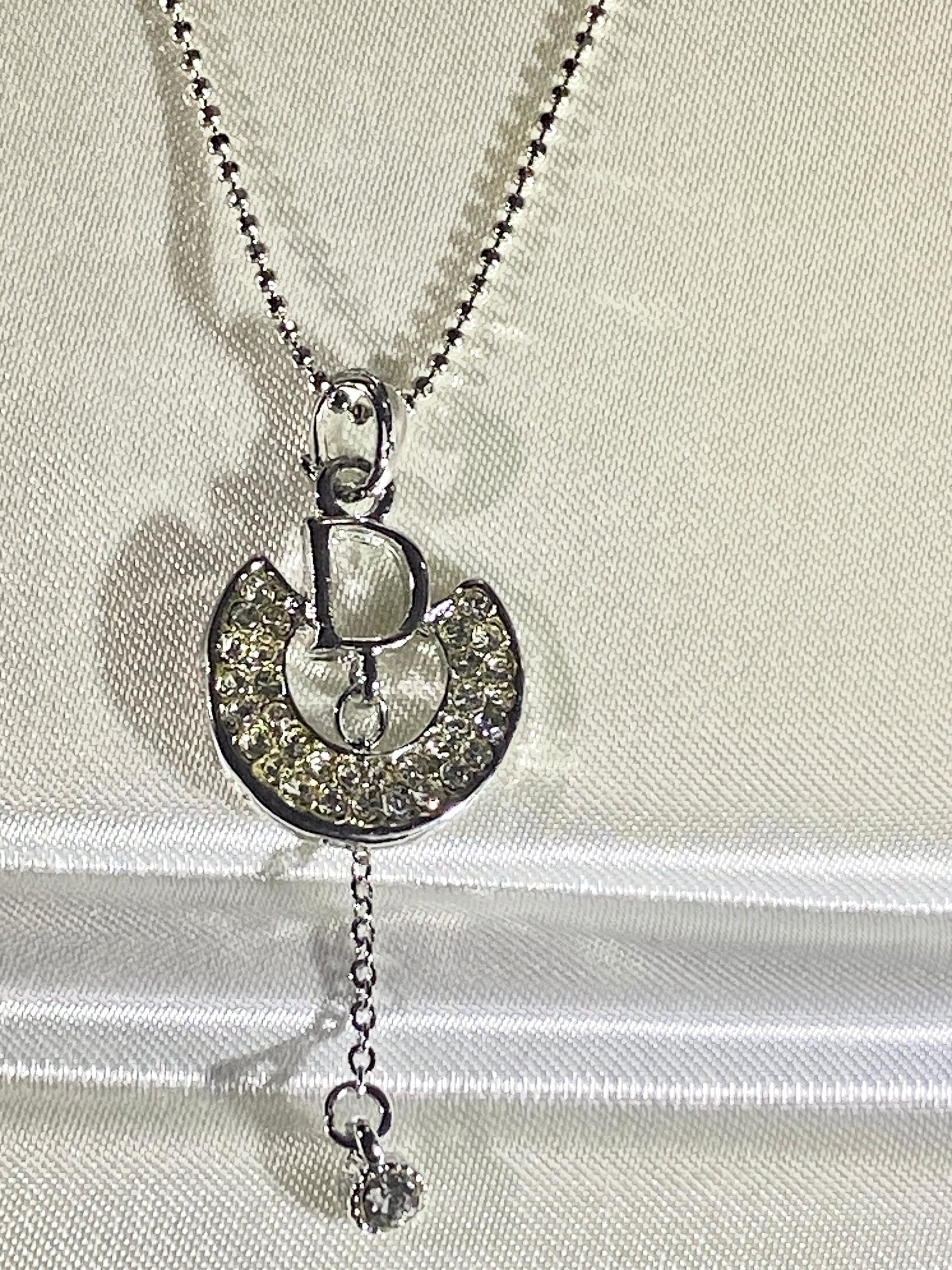 925 CD Dior Signed Pendant on Dainty Ball Chain Necklace