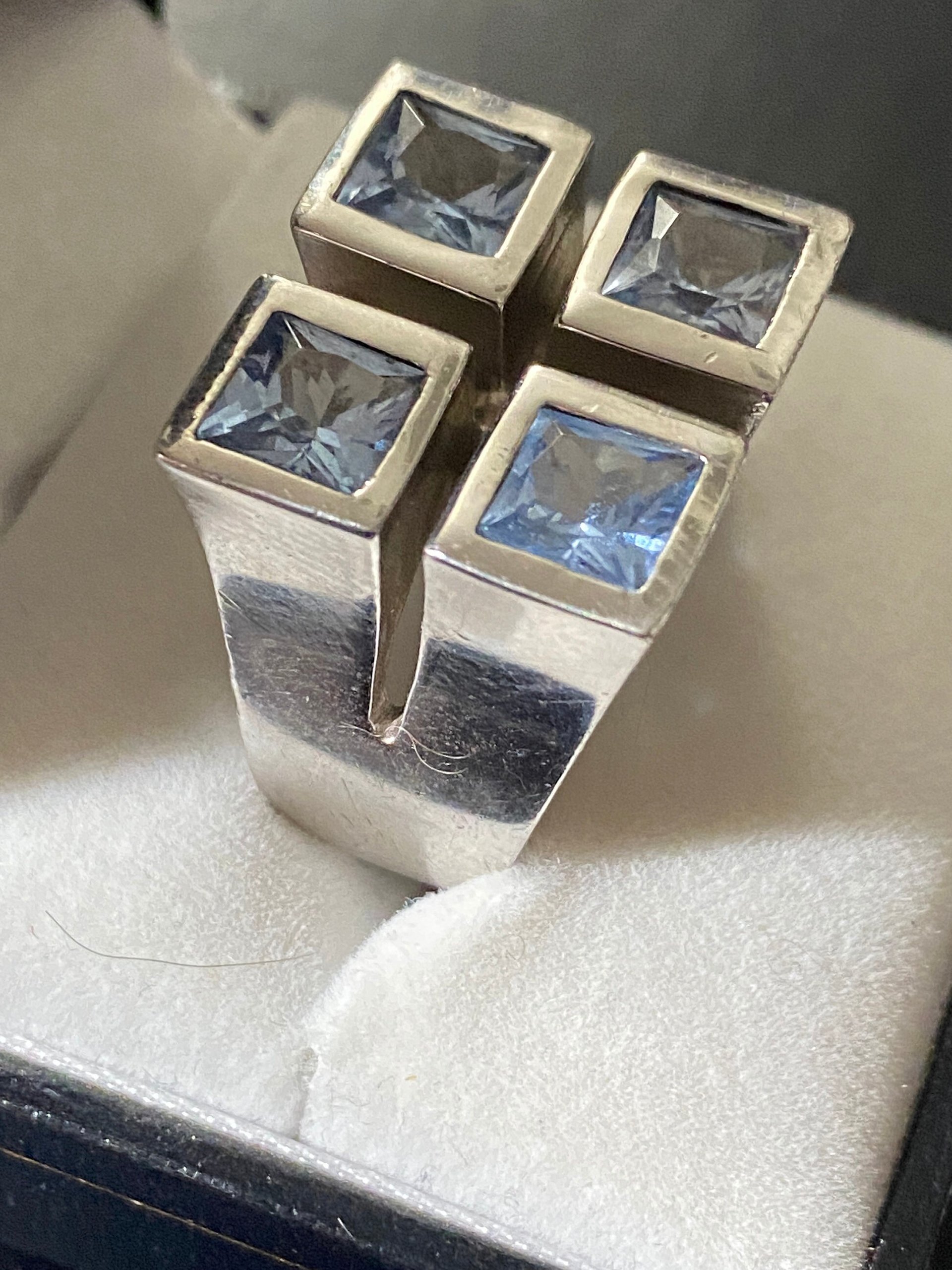 Sterling Metalsmith signed square framed light blue Topaz ring