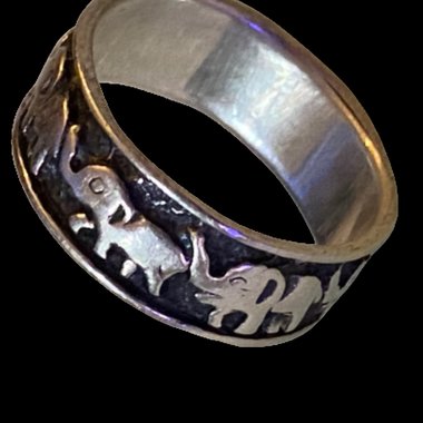925 stamped silver elephants on parade with black accents background band