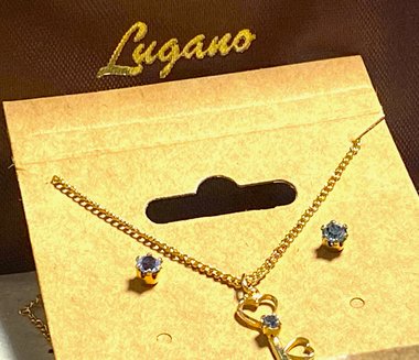 Vintage Lugano gold double plated chain with small key pendant and blue stud earrings set