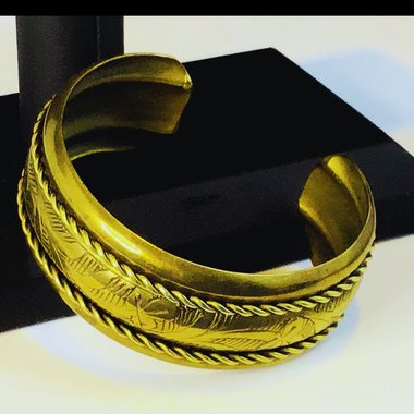 Lovely etched brass with rope chain accent bracelet cuff