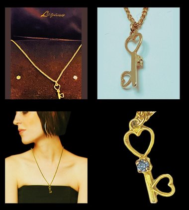 Vintage Lugano gold double plated chain with small key pendant and blue stud earrings set