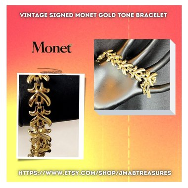 Vintage Signed Monet Gold Tone Metal Bracelet