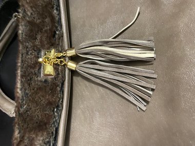 Aldo Taupe Spacious Handbag Purse with Faux Fur & Tassels
