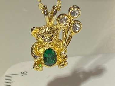 Extremely cute May green birth stone teddy bear holding crystal balloons gold tone pendant with necklace